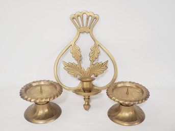 Brass Candlestick Holders - Pair Pillar Holders & Single Taper Candle Wall Sconce