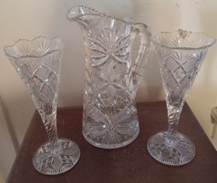 Glass Pitcher And Two Glass Vases