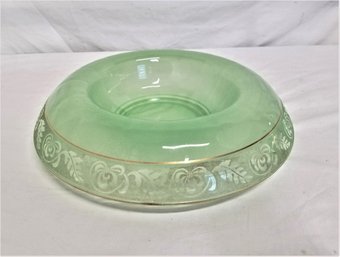 Antique Green Etched Depression Glass Centerpiece Bowl