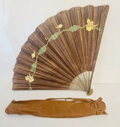 Vintage Brown Floral Fan With Yellow Flowers And Suede Pouch