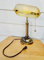 Vintage Bankers Lamp With Amber Colored Glass Shade