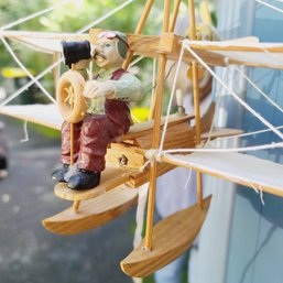 Vintage Handmade Hanging Wood Sea Plane And Pilot - So Cute!! On Nice Spring Cord