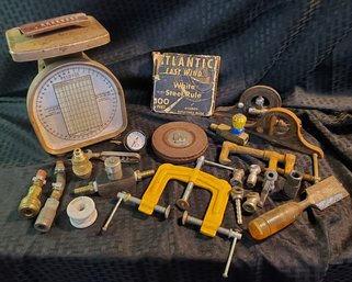 Great Lot Of Mechanical Items ~ Air Compressor Heads ~ Scale ~ Vintage Tape Measurer ~ Clamp &  More