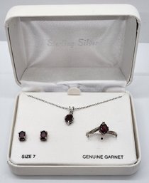 Stunning Red Garnet Ring, Earrings & Pendant Necklace In Sterling