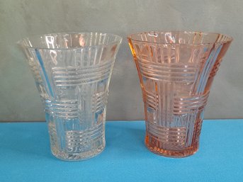 Glass Basket Woven Vase Lot Of 2