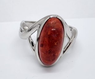 Red Coral, Rhodium Over Sterling Ring