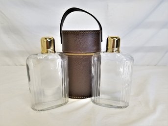 Vintage Swank Double Glass Flasks With Leather Pouch Travel/carry Case