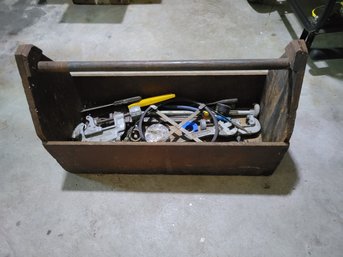 Wooden Plumber's Tool Box With Tools