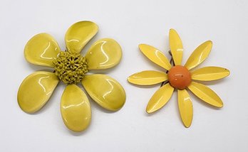 Pair Of Vintage Yellow Flower Brooches