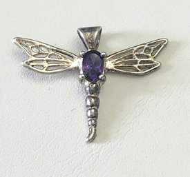 Vintage Sterling Silver Amethyst Color Stone Dragonfly Pendant