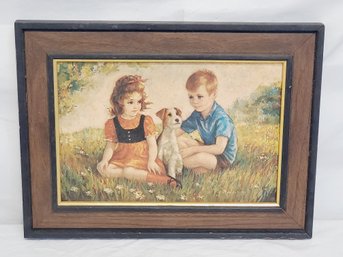 Vintage 1960 Framed Myrle Medeiros Big Eyed Boy, Girl & Puppy Wall Art Print