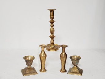 Assortment Of Brass Candle Holders & More