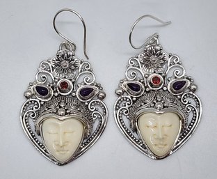 Bali Goddess, Carved Bone Multi Gemstone Earrings In Sterling