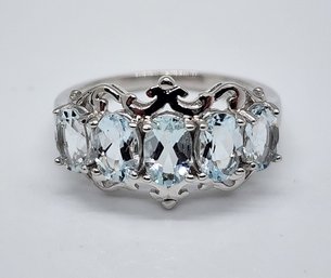 Blue Aquamarine, Rhodium Over Sterling 5 Stone Ring