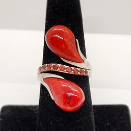 Red Coral & Red Garnet, Rhodium Over Sterling Bypass Ring