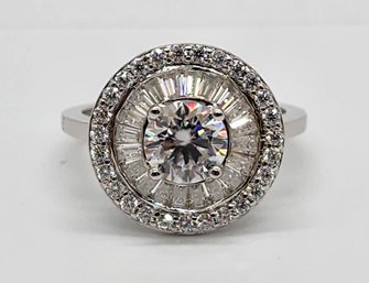 Beautiful Moissanite Double Halo Ring In Rhodium Over Sterling