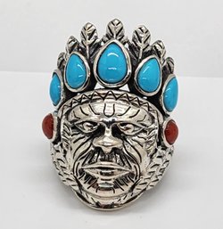 Sleeping Beauty Turquoise, Mediterranean Coral Cheif Ring In Sterling