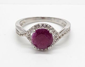 Red Ruby, White Zircon, Rhodium Over Sterling Ring