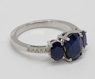 Blue Sapphire, White Zircon, Rhodium Over Sterling Ring