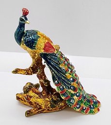 Austrian Crystal, Enameled Peacock Trinket Box In Gold Tone