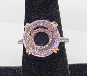 Rose De France Amethyst, White Zircon Ring In Rose Gold Over Sterling