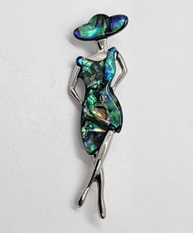 Abalone Shell Brooch Or Pendant Of A Woman With A Hat