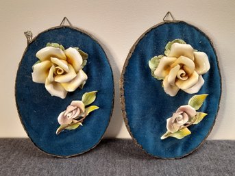 Porcelain Flowers Mounted On Fabric Oval Wall Art