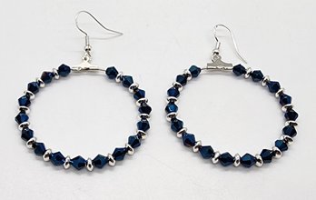 Blue Swarovski, Silver Beads Handmade Hoop Earrings With Sterling Ear Wires