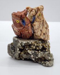 Multi-Gemstone Carved Owl Couple Figurine