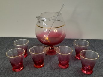 Mid Century Cranberry And Clear Cocktail Set