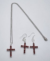 Red Garnet Cross Pendant Necklace & Matching Earrings In Sterling