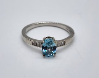 Blue Zircon, Diamond Ring In Platinum Over Sterling