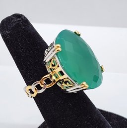 Green Onyx Ring In Yello Gold & Platinum Over Sterling