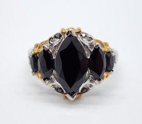 Natural Thai Black Spinel, Black Diamond Ring In Yellow Gold & Platinum Over Sterling