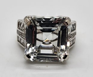 Asscher Cut White Topaz Ring In Platinum Over Sterling