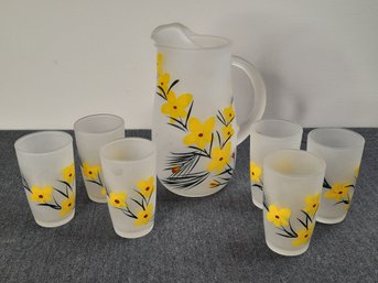 Vintage Yellow Flower Frosted Pitcher And Cup Set