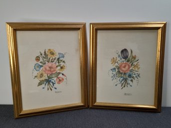 Pair Of Floral Linen Art Work