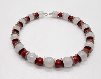 White Jade, Coral & Stainless Wrap Bracelet