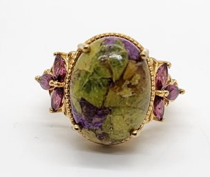 Tasmanian Stichite, Rhodolite Garnet Ring In Yellow Gold Over Sterling