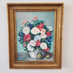 Vintage Oil Painting On Canvas - Still Life Flowers -Lovely Wood Frame - Created By May Prechtel Artist -1960s