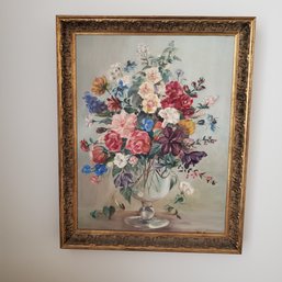 Vintage Oil Painting On Canvas - Lovely Wood Frame - Still Life Of Flowers - Created By May Prechtel Artist