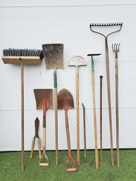 Vintage Lawn & Garden Hand Tool Lot-shovels, Rakes, Hoes, Push Broom & More