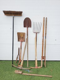 Lot Vintage Lawn & Garden Tools - Hay Fork, Pick Axes, Pole Digger, Push Broom & More