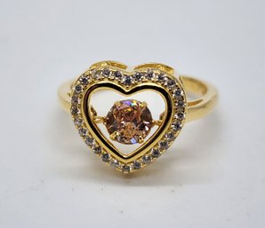 Faux Champagne & White Diamond Heart Shaped Dancing Ring In 14k Yellow Gold Over Sterling