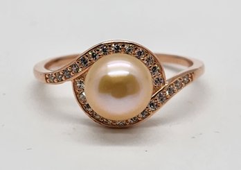 Freshwater Peach Cultured Pearl, Faux Diamond Bypass Ring In 14k Rose Gold Over Sterling