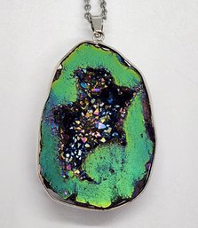 Magic Color Drusy Quartz Pendant Necklace In Stainless & Silvertone