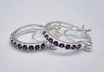 Faux Amethyst Color Diamond Hoop Earrings In Sterling