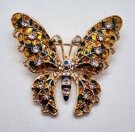 Austrian Crystal Enameled Butterfly Brooch In Gold Tone