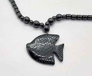 Magnetic By Design Hematite Beaded Necklace With Fish Pendant In Stainless