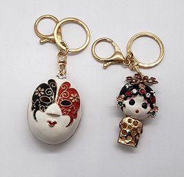 Austrian Crystal, Enameled Mask & Geisha Girl Keychains